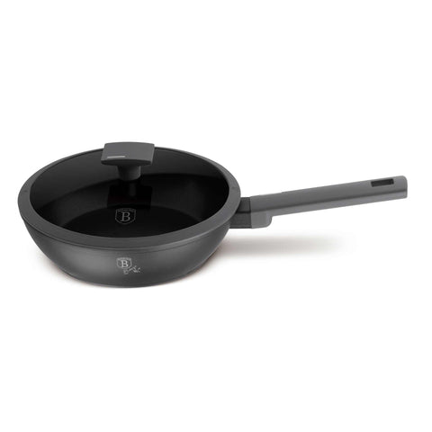 Product image of Deep frypan with lid 24cm. Part of the Anthracite Collection . Features: • Material: forged aluminum with non-stick titanPro coating • Deep frypan with lid Ø24*6,5 cm 2,3L • Color: matt anthracite REGISTERED DESIGN BY BE.... (Studio view). Official Berlinger Haus product, boosted by Promintra sl.