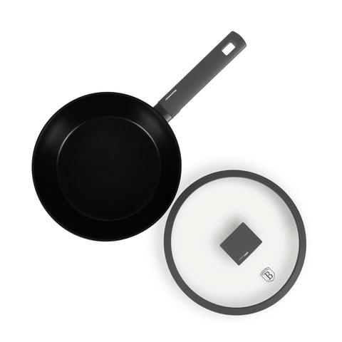 Product image of Deep frypan with lid 24cm. Part of the Anthracite Collection . Features: • Material: forged aluminum with non-stick titanPro coating • Deep frypan with lid Ø24*6,5 cm 2,3L • Color: matt anthracite REGISTERED DESIGN BY BE.... (Studio view). Official Berlinger Haus product, boosted by Promintra sl.