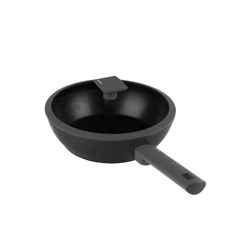 Product image of Deep frypan with lid 24cm. Part of the Anthracite Collection . Features: • Material: forged aluminum with non-stick titanPro coating • Deep frypan with lid Ø24*6,5 cm 2,3L • Color: matt anthracite REGISTERED DESIGN BY BE.... (Studio view). Official Berlinger Haus product, boosted by Promintra sl.