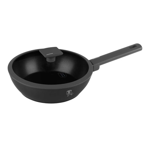 Product image of Deep frypan with lid 24cm. Part of the Anthracite Collection . Features: • Material: forged aluminum with non-stick titanPro coating • Deep frypan with lid Ø24*6,5 cm 2,3L • Color: matt anthracite REGISTERED DESIGN BY BE.... (Studio view). Official Berlinger Haus product, boosted by Promintra sl.