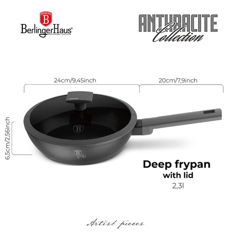 Product image of Deep frypan with lid 24cm. Part of the Anthracite Collection . Features: • Material: forged aluminum with non-stick titanPro coating • Deep frypan with lid Ø24*6,5 cm 2,3L • Color: matt anthracite REGISTERED DESIGN BY BE.... (Studio view). Official Berlinger Haus product, boosted by Promintra sl.