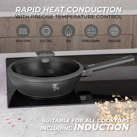 Product image of Deep frypan with lid 24cm. Part of the Anthracite Collection . Features: • Material: forged aluminum with non-stick titanPro coating • Deep frypan with lid Ø24*6,5 cm 2,3L • Color: matt anthracite REGISTERED DESIGN BY BE.... (Studio view). Official Berlinger Haus product, boosted by Promintra sl.