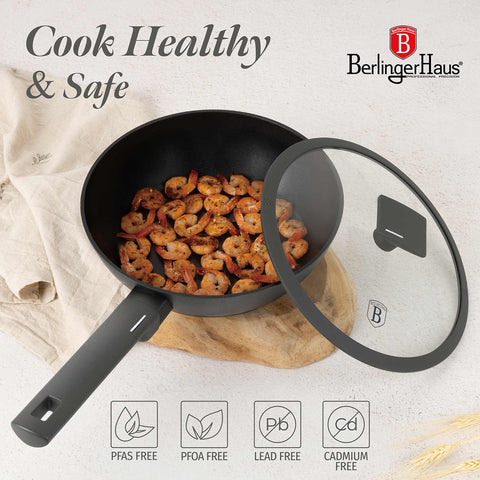 Product image of Deep frypan with lid 24cm. Part of the Anthracite Collection . Features: • Material: forged aluminum with non-stick titanPro coating • Deep frypan with lid Ø24*6,5 cm 2,3L • Color: matt anthracite REGISTERED DESIGN BY BE.... (Studio view). Official Berlinger Haus product, boosted by Promintra sl.