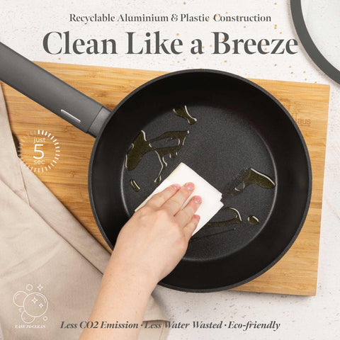 Product image of Deep frypan with lid 24cm. Part of the Anthracite Collection . Features: • Material: forged aluminum with non-stick titanPro coating • Deep frypan with lid Ø24*6,5 cm 2,3L • Color: matt anthracite REGISTERED DESIGN BY BE.... (Studio view). Official Berlinger Haus product, boosted by Promintra sl.