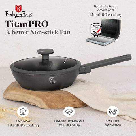 Product image of Deep frypan with lid 24cm. Part of the Anthracite Collection . Features: • Material: forged aluminum with non-stick titanPro coating • Deep frypan with lid Ø24*6,5 cm 2,3L • Color: matt anthracite REGISTERED DESIGN BY BE.... (Studio view). Official Berlinger Haus product, boosted by Promintra sl.