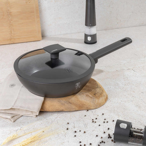 Product image of Deep frypan with lid 24cm. Part of the Anthracite Collection . Features: • Material: forged aluminum with non-stick titanPro coating • Deep frypan with lid Ø24*6,5 cm 2,3L • Color: matt anthracite REGISTERED DESIGN BY BE.... (Studio view). Official Berlinger Haus product, boosted by Promintra sl.