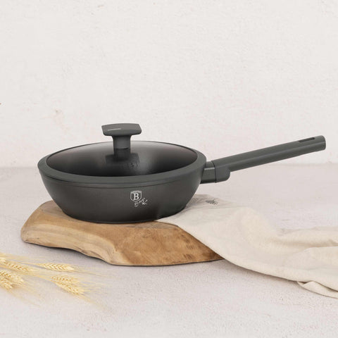Product image of Deep frypan with lid 24cm. Part of the Anthracite Collection . Features: • Material: forged aluminum with non-stick titanPro coating • Deep frypan with lid Ø24*6,5 cm 2,3L • Color: matt anthracite REGISTERED DESIGN BY BE.... (Studio view). Official Berlinger Haus product, boosted by Promintra sl.