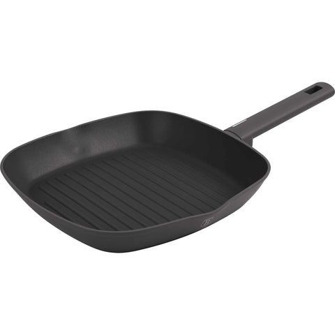 Product image of Grill pan 28cm. Part of the Anthracite Collection . Features: • Material: forged aluminum with non-stick titanPro coating • Grill pan Ø28*4,1 cm 2,1L • Color: matt anthracite REGISTERED DESIGN BY BERLINGER HAUS!. (Studio view). Official Berlinger Haus product, boosted by Promintra sl.