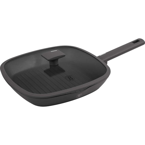Product image of Grill pan with lid 28cm. Part of the Anthracite Collection . Features: • Material: forged aluminum with non-stick titanPro coating • Grill pan with lid Ø28*4,1 cm 2,1L • Color: matt anthracite REGISTERED DESIGN BY BERL.... (Studio view). Official Berlinger Haus product, boosted by Promintra sl.