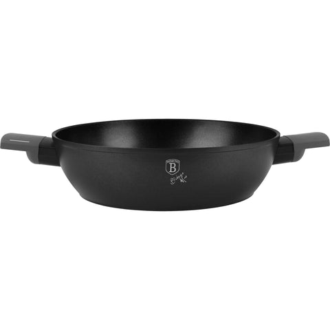 Product image of Shallow pot with lid 28cm. Part of the Anthracite Collection . Features: • Material: forged aluminum with non-stick titanPro coating • Shallow pot with lid Ø28*7,5 cm 3,8L • Color: matt anthracite REGISTERED DESIGN BY BE.... (Studio view). Official Berlinger Haus product, boosted by Promintra sl.