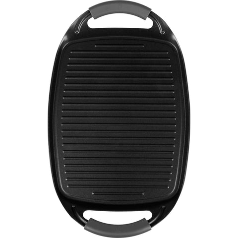Product image of Grill plate 47cm. Part of the Anthracite Collection . Features: • Material: forged aluminum with non-stick titanPro coating • Size: 47*29 cm • Color: matt anthracite • FREE 2 PCS HEAT RESISTANT SILICONE HANDLE. (Studio view). Official Berlinger Haus product, boosted by Promintra sl.