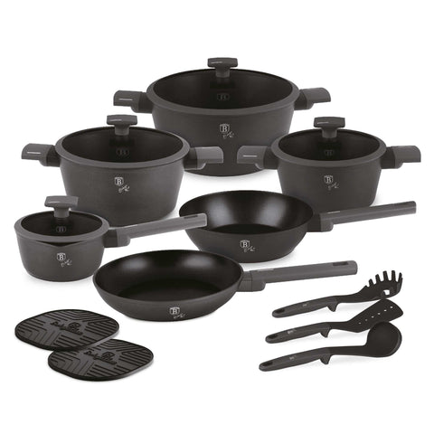 Product image of 15pcs cookware set. Part of the Anthracite Collection . Features: • Material: forged aluminum with non-stick titanPro coating • Include: • Deep frypan Ø24*6,5 cm 2,3L • Frypan Ø28*5,2cm 2,4L • Casserole with (stra.... (Studio view). Official Berlinger Haus product, boosted by Promintra sl.