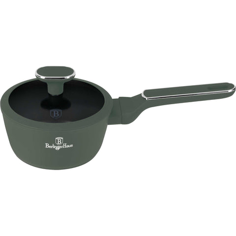 Product image of Sauce pan with lid 16cm. Part of the Matte Green Collection . Features: • Material: forged aluminum with non-stick titanPro coating • Sauce pan Ø16*7 cm 1,2L • Color: matt green REGISTERED DESIGN BY BERLINGER HAUS!. (Studio view). Official Berlinger Haus product, boosted by Promintra sl.