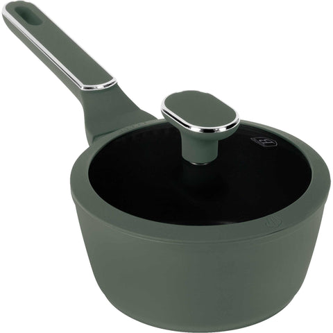 Product image of Sauce pan with lid 16cm. Part of the Matte Green Collection . Features: • Material: forged aluminum with non-stick titanPro coating • Sauce pan Ø16*7 cm 1,2L • Color: matt green REGISTERED DESIGN BY BERLINGER HAUS!. (Studio view). Official Berlinger Haus product, boosted by Promintra sl.
