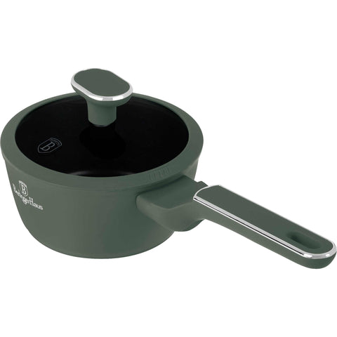 Product image of Sauce pan with lid 16cm. Part of the Matte Green Collection . Features: • Material: forged aluminum with non-stick titanPro coating • Sauce pan Ø16*7 cm 1,2L • Color: matt green REGISTERED DESIGN BY BERLINGER HAUS!. (Studio view). Official Berlinger Haus product, boosted by Promintra sl.