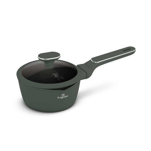 Product image of Sauce pan with lid 16cm. Part of the Matte Green Collection . Features: • Material: forged aluminum with non-stick titanPro coating • Sauce pan Ø16*7 cm 1,2L • Color: matt green REGISTERED DESIGN BY BERLINGER HAUS!. (Studio view). Official Berlinger Haus product, boosted by Promintra sl.