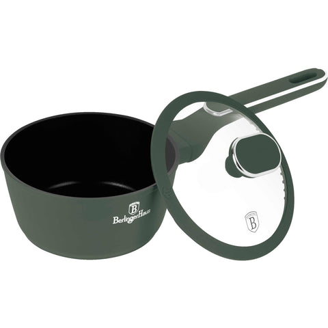 Product image of Sauce pan with lid 16cm. Part of the Matte Green Collection . Features: • Material: forged aluminum with non-stick titanPro coating • Sauce pan Ø16*7 cm 1,2L • Color: matt green REGISTERED DESIGN BY BERLINGER HAUS!. (Studio view). Official Berlinger Haus product, boosted by Promintra sl.