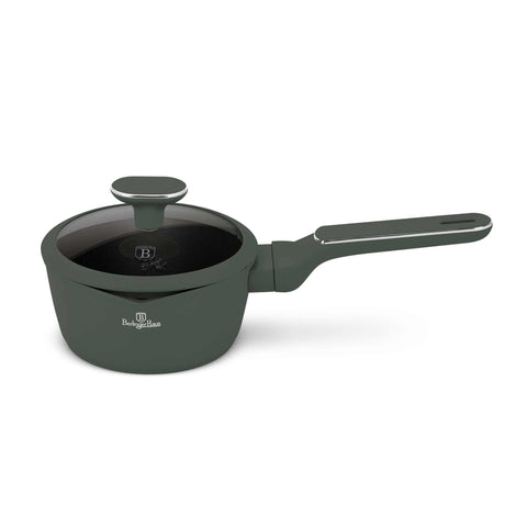 Product image of Sauce pan with lid 16cm. Part of the Matte Green Collection . Features: • Material: forged aluminum with non-stick titanPro coating • Sauce pan Ø16*7 cm 1,2L • Color: matt green REGISTERED DESIGN BY BERLINGER HAUS!. (Studio view). Official Berlinger Haus product, boosted by Promintra sl.