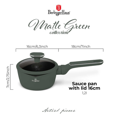 Product image of Sauce pan with lid 16cm. Part of the Matte Green Collection . Features: • Material: forged aluminum with non-stick titanPro coating • Sauce pan Ø16*7 cm 1,2L • Color: matt green REGISTERED DESIGN BY BERLINGER HAUS!. (Studio view). Official Berlinger Haus product, boosted by Promintra sl.