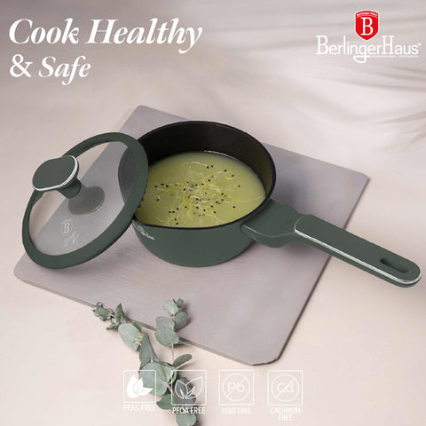 Product image of Sauce pan with lid 16cm. Part of the Matte Green Collection . Features: • Material: forged aluminum with non-stick titanPro coating • Sauce pan Ø16*7 cm 1,2L • Color: matt green REGISTERED DESIGN BY BERLINGER HAUS!. (Studio view). Official Berlinger Haus product, boosted by Promintra sl.