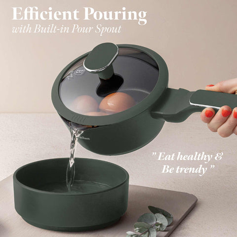 Product image of Sauce pan with lid 16cm. Part of the Matte Green Collection . Features: • Material: forged aluminum with non-stick titanPro coating • Sauce pan Ø16*7 cm 1,2L • Color: matt green REGISTERED DESIGN BY BERLINGER HAUS!. (Studio view). Official Berlinger Haus product, boosted by Promintra sl.