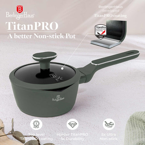 Product image of Sauce pan with lid 16cm. Part of the Matte Green Collection . Features: • Material: forged aluminum with non-stick titanPro coating • Sauce pan Ø16*7 cm 1,2L • Color: matt green REGISTERED DESIGN BY BERLINGER HAUS!. (Studio view). Official Berlinger Haus product, boosted by Promintra sl.