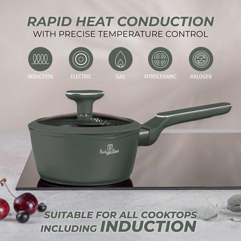 Product image of Sauce pan with lid 16cm. Part of the Matte Green Collection . Features: • Material: forged aluminum with non-stick titanPro coating • Sauce pan Ø16*7 cm 1,2L • Color: matt green REGISTERED DESIGN BY BERLINGER HAUS!. (Studio view). Official Berlinger Haus product, boosted by Promintra sl.
