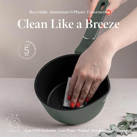 Product image of Sauce pan with lid 16cm. Part of the Matte Green Collection . Features: • Material: forged aluminum with non-stick titanPro coating • Sauce pan Ø16*7 cm 1,2L • Color: matt green REGISTERED DESIGN BY BERLINGER HAUS!. (Studio view). Official Berlinger Haus product, boosted by Promintra sl.
