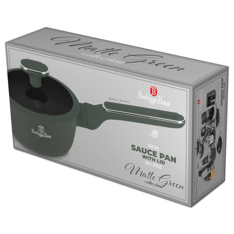 Product image of Sauce pan with lid 16cm. Part of the Matte Green Collection . Features: • Material: forged aluminum with non-stick titanPro coating • Sauce pan Ø16*7 cm 1,2L • Color: matt green REGISTERED DESIGN BY BERLINGER HAUS!. (Studio view). Official Berlinger Haus product, boosted by Promintra sl.