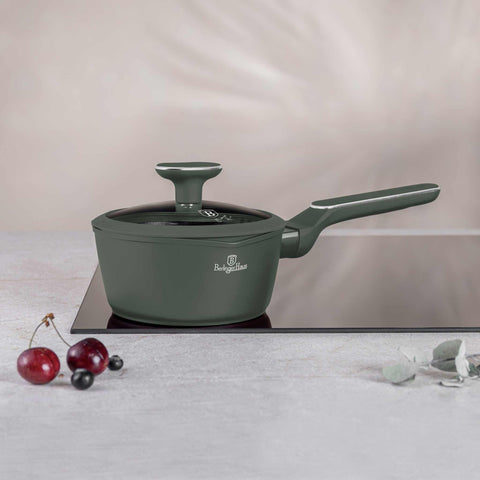 Product image of Sauce pan with lid 16cm. Part of the Matte Green Collection . Features: • Material: forged aluminum with non-stick titanPro coating • Sauce pan Ø16*7 cm 1,2L • Color: matt green REGISTERED DESIGN BY BERLINGER HAUS!. (Studio view). Official Berlinger Haus product, boosted by Promintra sl.