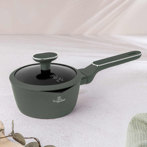 Product image of Sauce pan with lid 16cm. Part of the Matte Green Collection . Features: • Material: forged aluminum with non-stick titanPro coating • Sauce pan Ø16*7 cm 1,2L • Color: matt green REGISTERED DESIGN BY BERLINGER HAUS!. (Studio view). Official Berlinger Haus product, boosted by Promintra sl.
