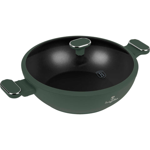 Product image of Wok with lid 30cm. Part of the Matte Green Collection . Features: • Material: forged aluminum with non-stick titanPro coating • Wok with lid Ø30 cm • Color: matt green REGISTERED DESIGN BY BERLINGER HAUS!. (Studio view). Official Berlinger Haus product, boosted by Promintra sl.