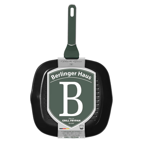 Product image of Grill pan 28cm. Part of the Matte Green Collection . Features: • Material: forged aluminum with non-stick titanPro coating • Grill pan Ø28*4,1 cm 2,1L • Color: matt green REGISTERED DESIGN BY BERLINGER HAUS!. (Studio view). Official Berlinger Haus product, boosted by Promintra sl.