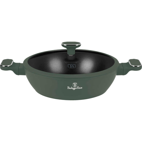 Product image of Shallow pot with lid 28cm. Part of the Matte Green Collection . Features: • Material: forged aluminum with non-stick titanPro coating • Shallow pot with lid Ø28*7,5 cm 3,8L • Color: matt green REGISTERED DESIGN BY BERLING.... (Studio view). Official Berlinger Haus product, boosted by Promintra sl.