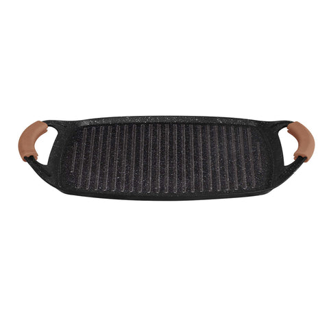 Product image of Grill plate 47cm. Part of the Metallic Line Rose Gold Edition . Features: • Material: forged aluminum • Size: 47*29 cm • Color: rose gold • FREE 2 PCS HEAT RESISTANT SILICONE HANDLE. (Studio view). Official Berlinger Haus product, boosted by Promintra sl.