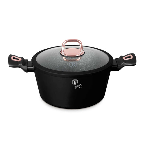 Product image of Casserole with lid 24cm. Part of the Black Rose Collection . Features: • Material: forged aluminum • Casserole with lid Ø24*11,8 cm 4,1 L • Color: matt black- rose gold REGISTERED DESIGN BY BERLINGER HAUS!. (Studio view). Official Berlinger Haus product, boosted by Promintra sl.