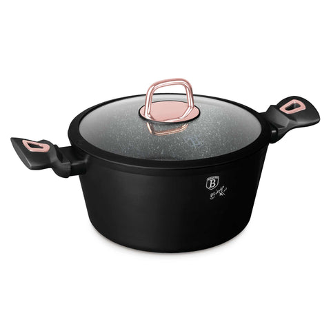 Product image of Casserole with lid 24cm. Part of the Black Rose Collection . Features: • Material: forged aluminum • Casserole with lid Ø24*11,8 cm 4,1 L • Color: matt black- rose gold REGISTERED DESIGN BY BERLINGER HAUS!. (Studio view). Official Berlinger Haus product, boosted by Promintra sl.