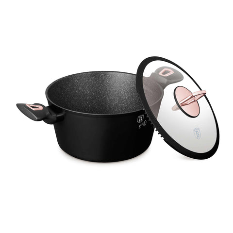 Product image of Casserole with lid 24cm. Part of the Black Rose Collection . Features: • Material: forged aluminum • Casserole with lid Ø24*11,8 cm 4,1 L • Color: matt black- rose gold REGISTERED DESIGN BY BERLINGER HAUS!. (Studio view). Official Berlinger Haus product, boosted by Promintra sl.
