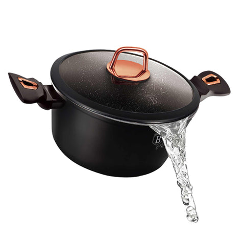 Product image of Casserole with lid 24cm. Part of the Black Rose Collection . Features: • Material: forged aluminum • Casserole with lid Ø24*11,8 cm 4,1 L • Color: matt black- rose gold REGISTERED DESIGN BY BERLINGER HAUS!. (Studio view). Official Berlinger Haus product, boosted by Promintra sl.