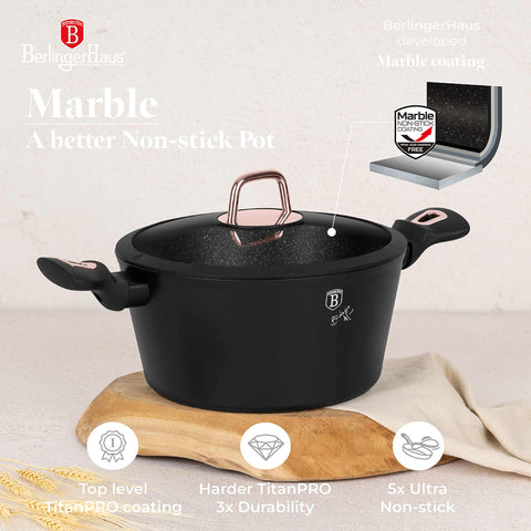 Product image of Casserole with lid 24cm. Part of the Black Rose Collection . Features: • Material: forged aluminum • Casserole with lid Ø24*11,8 cm 4,1 L • Color: matt black- rose gold REGISTERED DESIGN BY BERLINGER HAUS!. (Studio view). Official Berlinger Haus product, boosted by Promintra sl.