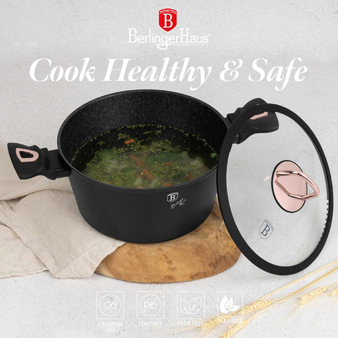 Product image of Casserole with lid 24cm. Part of the Black Rose Collection . Features: • Material: forged aluminum • Casserole with lid Ø24*11,8 cm 4,1 L • Color: matt black- rose gold REGISTERED DESIGN BY BERLINGER HAUS!. (Studio view). Official Berlinger Haus product, boosted by Promintra sl.
