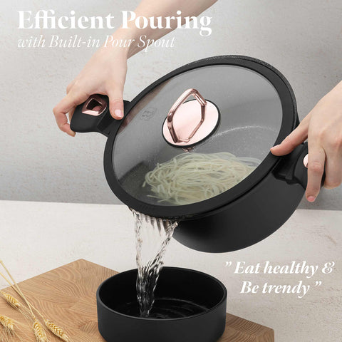 Product image of Casserole with lid 24cm. Part of the Black Rose Collection . Features: • Material: forged aluminum • Casserole with lid Ø24*11,8 cm 4,1 L • Color: matt black- rose gold REGISTERED DESIGN BY BERLINGER HAUS!. (Studio view). Official Berlinger Haus product, boosted by Promintra sl.