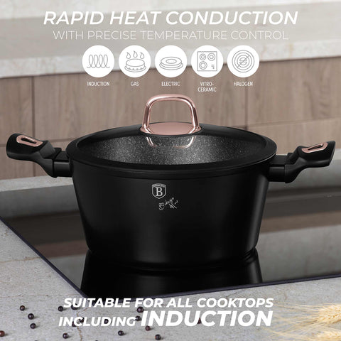 Product image of Casserole with lid 24cm. Part of the Black Rose Collection . Features: • Material: forged aluminum • Casserole with lid Ø24*11,8 cm 4,1 L • Color: matt black- rose gold REGISTERED DESIGN BY BERLINGER HAUS!. (Studio view). Official Berlinger Haus product, boosted by Promintra sl.