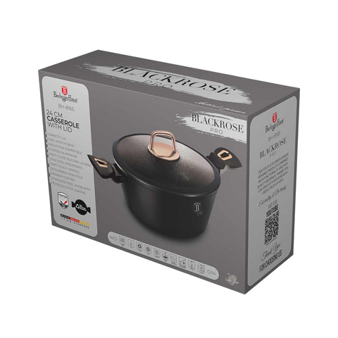 Product image of Casserole with lid 24cm. Part of the Black Rose Collection . Features: • Material: forged aluminum • Casserole with lid Ø24*11,8 cm 4,1 L • Color: matt black- rose gold REGISTERED DESIGN BY BERLINGER HAUS!. (Studio view). Official Berlinger Haus product, boosted by Promintra sl.