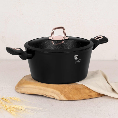 Product image of Casserole with lid 24cm. Part of the Black Rose Collection . Features: • Material: forged aluminum • Casserole with lid Ø24*11,8 cm 4,1 L • Color: matt black- rose gold REGISTERED DESIGN BY BERLINGER HAUS!. (Studio view). Official Berlinger Haus product, boosted by Promintra sl.