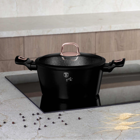 Product image of Casserole with lid 24cm. Part of the Black Rose Collection . Features: • Material: forged aluminum • Casserole with lid Ø24*11,8 cm 4,1 L • Color: matt black- rose gold REGISTERED DESIGN BY BERLINGER HAUS!. (Studio view). Official Berlinger Haus product, boosted by Promintra sl.