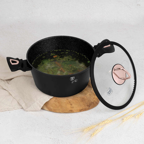Product image of Casserole with lid 24cm. Part of the Black Rose Collection . Features: • Material: forged aluminum • Casserole with lid Ø24*11,8 cm 4,1 L • Color: matt black- rose gold REGISTERED DESIGN BY BERLINGER HAUS!. (Studio view). Official Berlinger Haus product, boosted by Promintra sl.