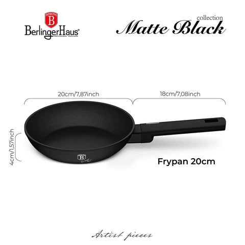 Product image of Frypan 20cm. Part of the Matte Black Collection . Features: • Material: forged aluminum with non-stick titanPro coating • Frypan Ø20*4,5 cm 1,0L • Color: black- silver REGISTERED DESIGN BY BERLINGER HAUS!. (Studio view). Official Berlinger Haus product, boosted by Promintra sl.