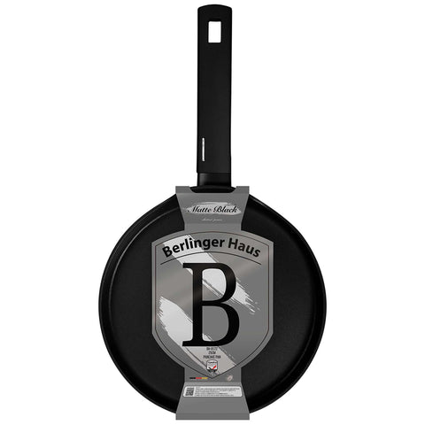 Product image of Pancake pan 25cm. Part of the Matte Black Collection . Features: • Material: forged aluminum with non-stick titanPro coating • Pancake pan Ø25*1,5 cm • Color: black- silver REGISTERED DESIGN BY BERLINGER HAUS!. (Studio view). Official Berlinger Haus product, boosted by Promintra sl.