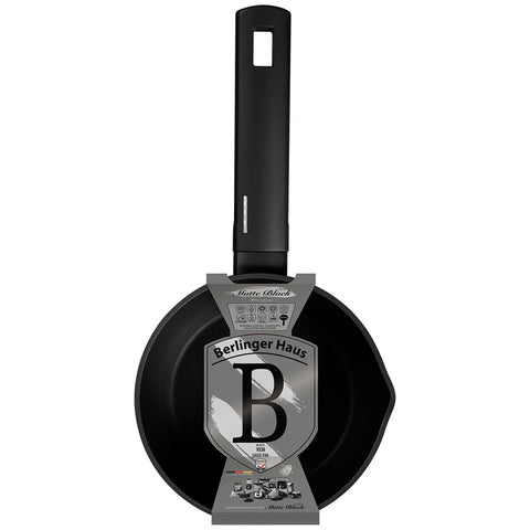 Product image of Sauce pan 16cm. Part of the Matte Black Collection . Features: • Material: forged aluminum with non-stick titanPro coating • Sauce pan Ø16*7 cm 1,2L • Color: black- silver REGISTERED DESIGN BY BERLINGER HAUS!. (Studio view). Official Berlinger Haus product, boosted by Promintra sl.